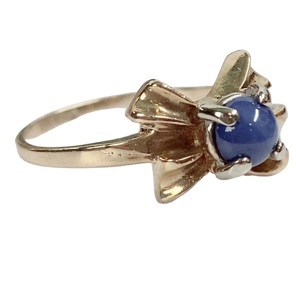Vintage 10K 10KT Round Star Blue Sapphire Bow Design Yellow Gold Ring - Picture 4 of 7